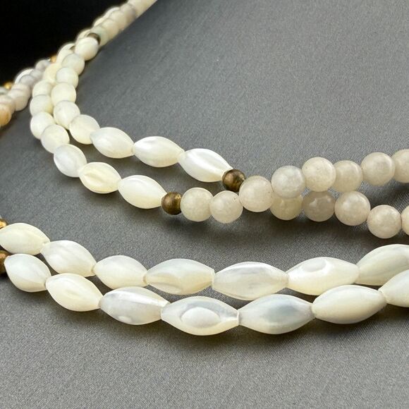 Vintage Natural Gemstone & Mother Of Pearl Rice Beads Necklace Double Strand 15" - Picture 4 of 13